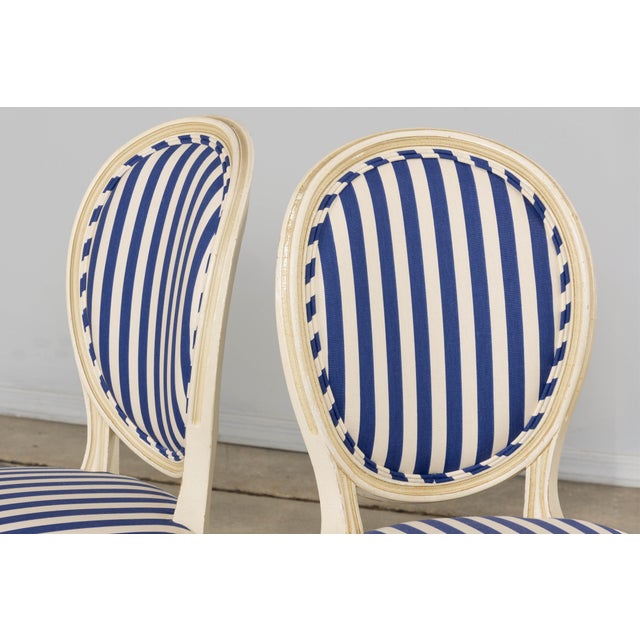 Pair of Antique French Louis XVI Style Painted Side Chairs in Blue Stripe For Sale - Image 12 of 18