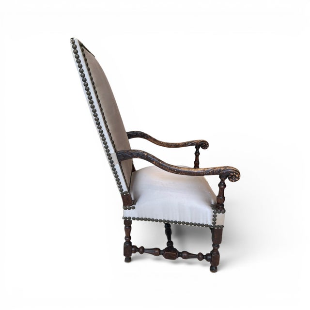 French 18th Century Louis XIII Style Arm Chair in Taupe Silk For Sale - Image 3 of 11