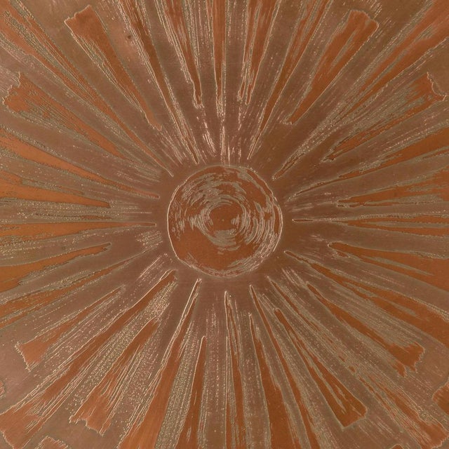 Large etched copper wall Plate by Valentien 1960's. The abstract pattern is applied by hand and radiated from the centre...