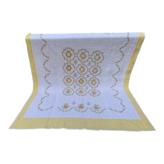 Vintage Hand Embroidery Queen Yellow and Orange Flowers Cross Stitch Quilt Heirlooms Coverlet, Queen Size Reversible For Sale