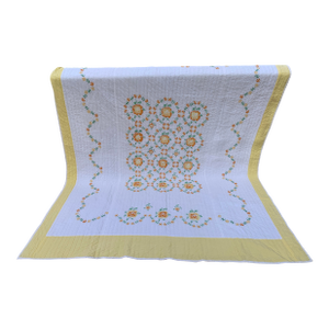 Vintage Hand Embroidery Queen Yellow and Orange Flowers Cross Stitch Quilt Heirlooms Coverlet, Queen Size Reversible