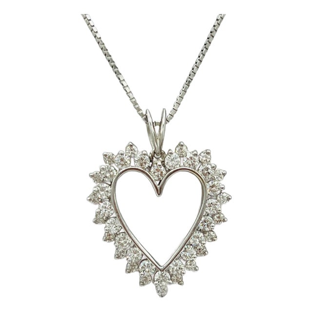 White Round Diamond Open Heart Necklace in 14k White Gold For Sale