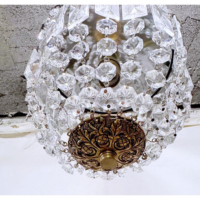 Brass Vintage Brass Crystal Basket Chandelier With Ornate Floral Detailing Frame For Sale - Image 8 of 10