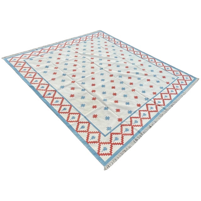 Casa Cosima Handmade Cotton Vegetable Dyed Rug, White, Sky Blue and Terracotta Star Dhurrie-8'x10' For Sale - Image 4 of 13