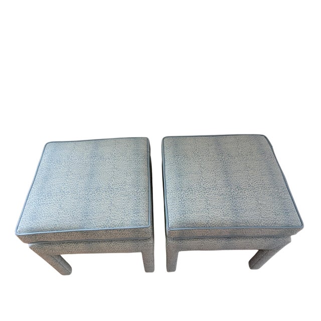 Transitional Schumacher Mini Leopard Cloud Blue Parsons Ottomans - Pair For Sale - Image 3 of 13