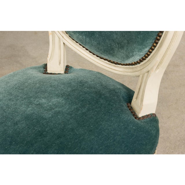 Antique French Louis XVI Style Painted Dining Chairs in Teal Mohair - Set of 8 For Sale - Image 17 of 18