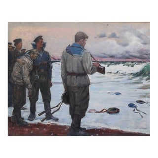 Antique Battle Oil Painting, Soviet Era Armed Forces Art by Ukrainian Artist L.M. Leonid Malik For Sale