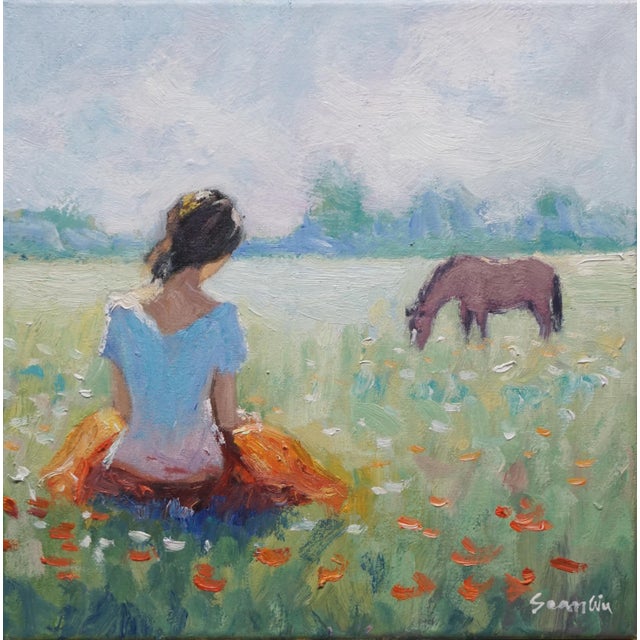 Sean Wu Original Oil Painting, Girl & Her Horse For Sale
