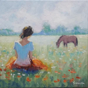 Sean Wu Original Oil Painting, Girl & Her Horse