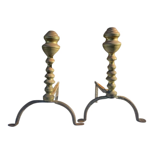 18th Century Brass and Wrought Iron Andirons- Set of 2 For Sale