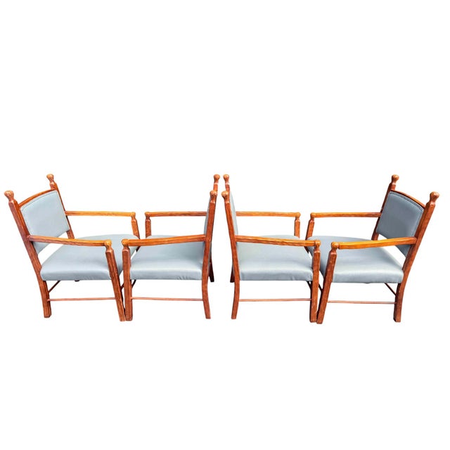 Late 20th Century Rustic Style Carved Wood and Blue Faux Leather Dining Chairs - a Set of 4 For Sale - Image 4 of 11