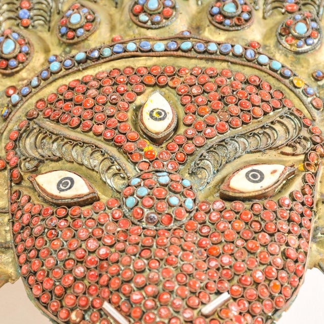 Asian Antique Vintage Ganesh Wall Hanging Mask Brass Filigree and Inlay Nepal For Sale - Image 3 of 12
