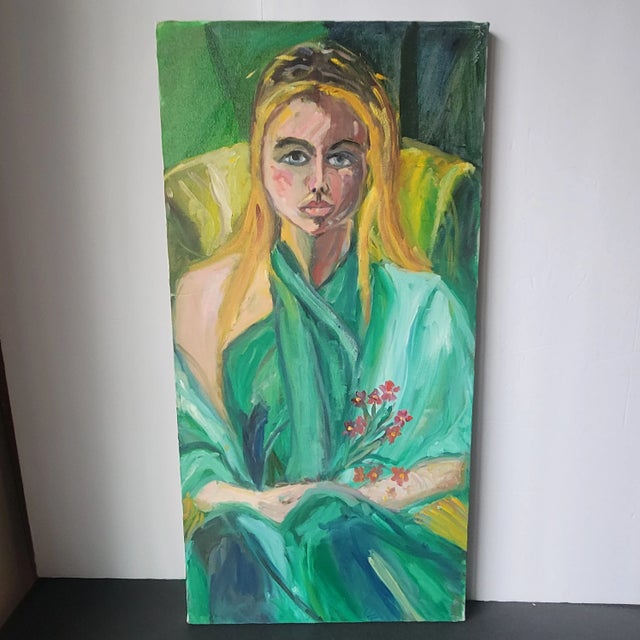 "Girl With Flowers" Expressionist Portrait Oil Painting by Rosemary Rabut For Sale In Philadelphia - Image 6 of 6