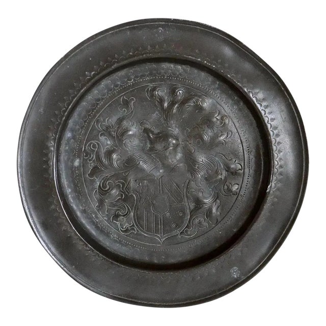 German Pewter Repousse and Chased Armorial Reeded Edge Plate For Sale