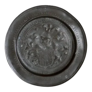 German Pewter Repousse and Chased Armorial Reeded Edge Plate