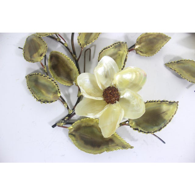 Torch Cut Brass Leaf and Shell Flower Wall Art Hollywood Recency Mid 20th Century - Set of 2 For Sale - Image 6 of 12