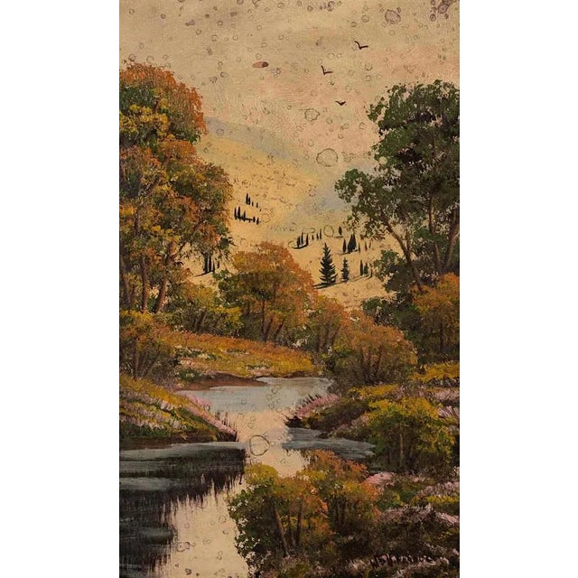 A richly textured oil on canvas autumn landscape, depicting a peaceful river flanked by trees in vibrant fall color. The...