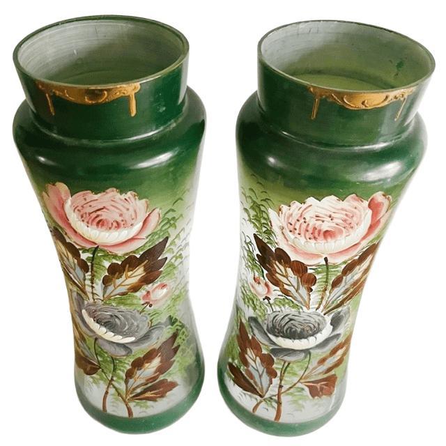 Beautiful set of antique Victorian Art Nouveau gilded gold hand-painted flowers green glass vases with a height of 33 cm...