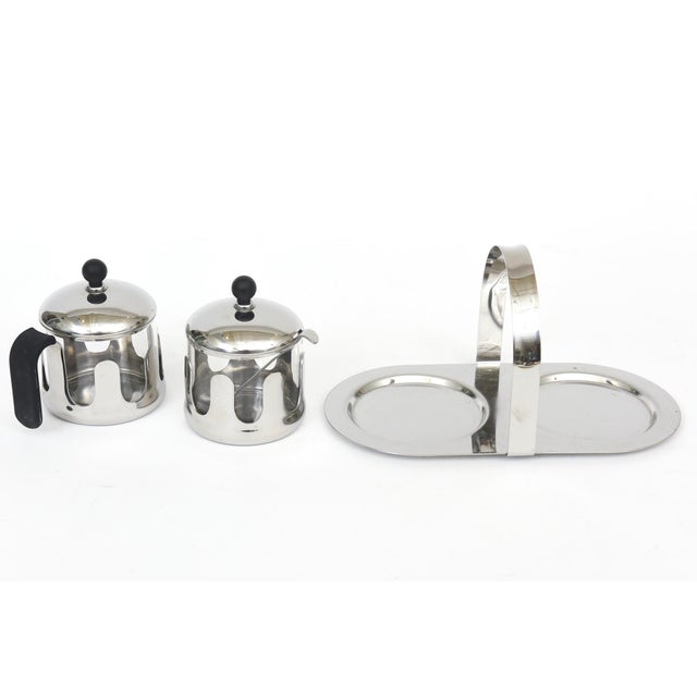 MIchael Graves Chrome, Black Resin and Glass Creamer and Sugar Caddy Set With Matching Tray 90's For Sale In Miami - Image 6 of 11