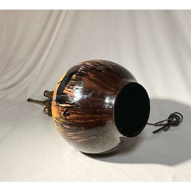 Vintage Mid Century Modern Pottery Table Lamp Drip Glaze Silver Overlay Gazelle Ram For Sale - Image 9 of 12