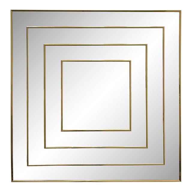 Op Art Square Brass Framed Mirror For Sale