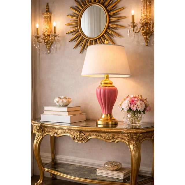 Late 20th Century Hollywood Regency Pink Fluted Ceramic & Brass Table Lamp With Linen Shade For Sale - Image 4 of 11