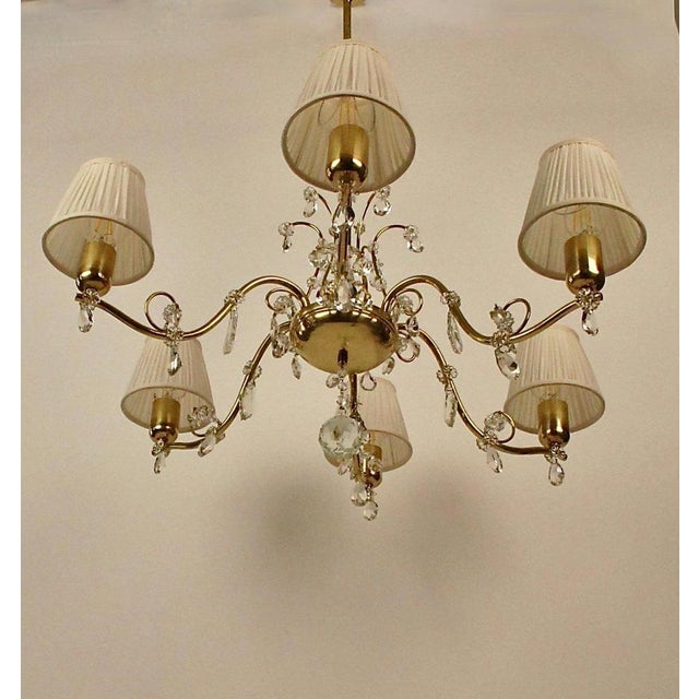 Brass 6-Arm Chandelier with Cream Silk Shades, Austria, 1940s For Sale - Image 4 of 14