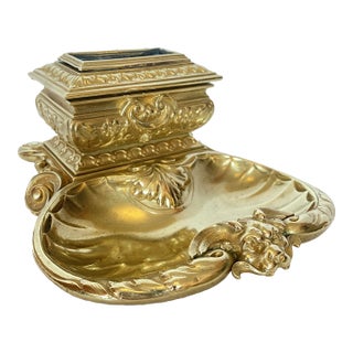 19th Century Victorian Neoclassical Brass Box or Bronze Box With Tray, Trinket Dish, Match Safe, Match Striker For Sale