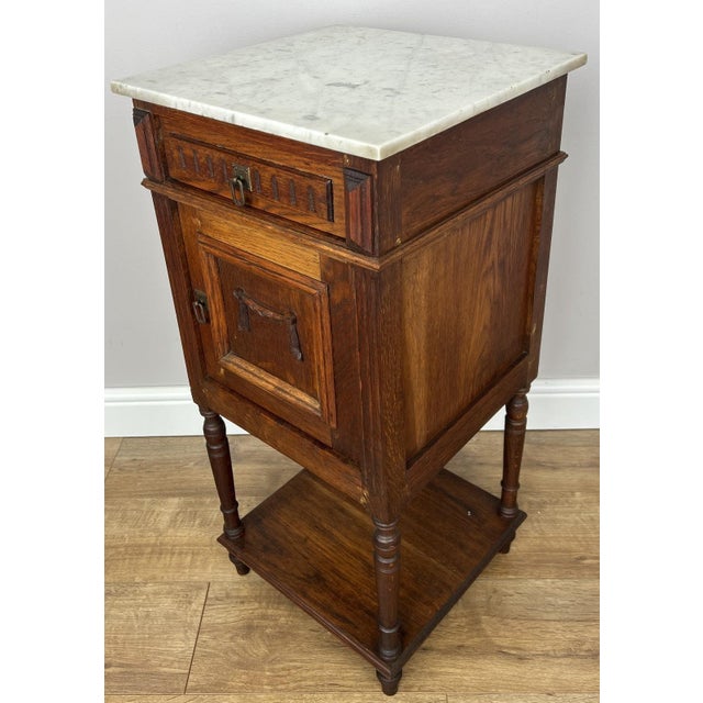 Brown French Bedside Table in Oak with Marble Top For Sale - Image 8 of 17