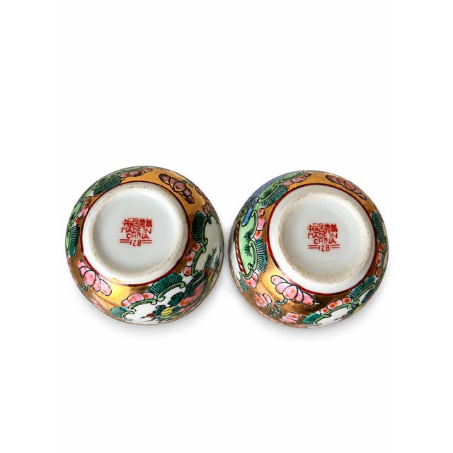 Mid 20th Century Chinese Rose Medallion Porcelain Teapot With Wrapped Cane Handle & Two Cups — 3-Piece Set For Sale - Image 10 of 11