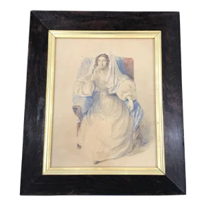 British Large Watercolor Framed Painting of a Woman Seated