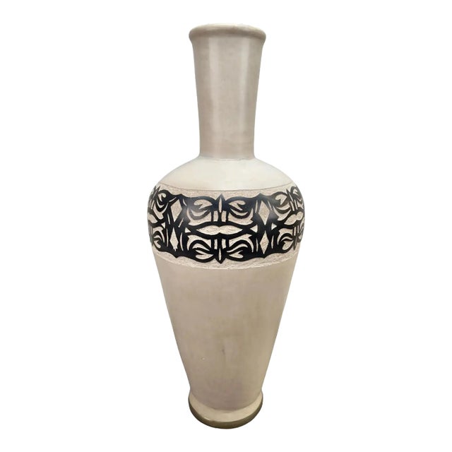 Monumental Boho Chic Moroccan Off White & Black Pottery Floor Vase or Urn For Sale