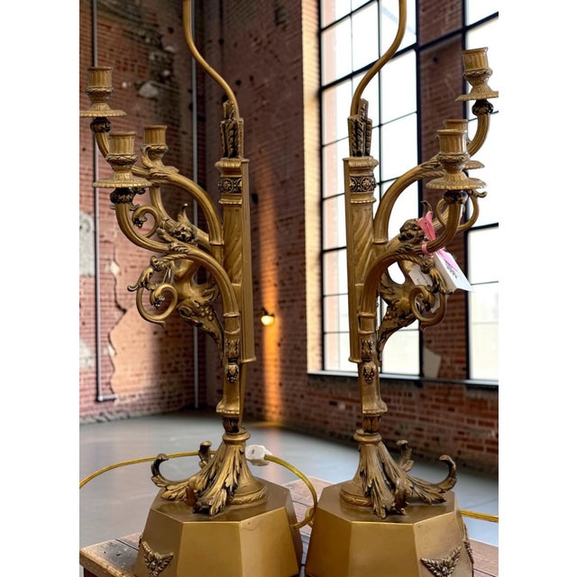 Bronze Pair of Hollywood Regency French Bronze Putti Candelabra Table Lamps - Paris For Sale - Image 8 of 10