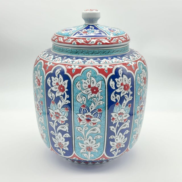 Turquoise Handmade Ceramic Jar (25cm) “Aegean Columns” Design – Rhythmic Cobalt & Turquoise Architecture For Sale - Image 8 of 11