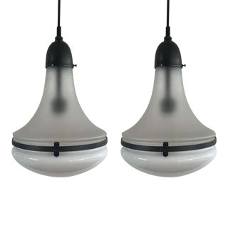 Pair Vintage Art Deco Pendant Brass Hanging Light with Milk Glass Shade For Sale