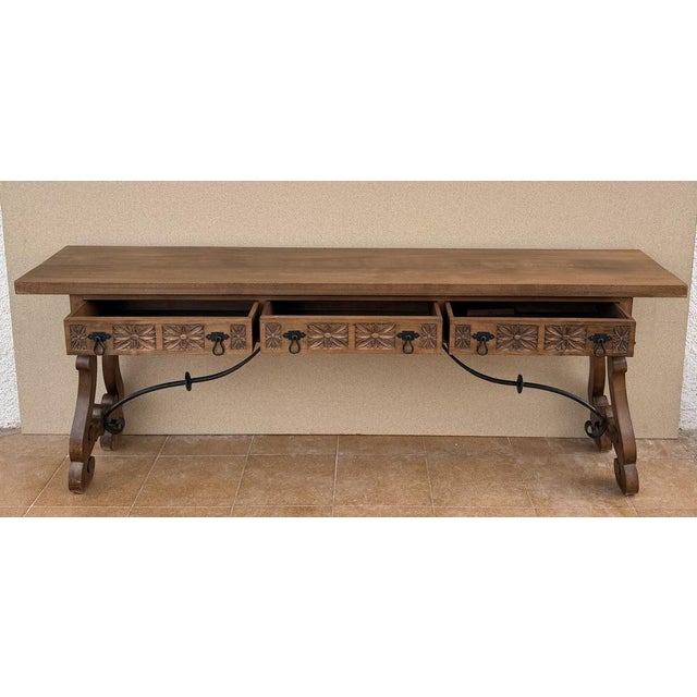1960s 20th Century Spanish Rustic Carved Wood Console Table , 1965 For Sale - Image 5 of 12
