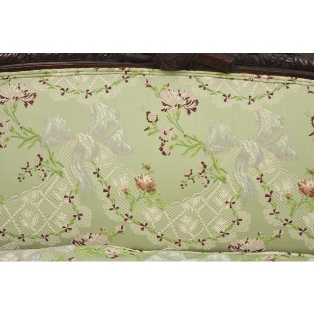 Antique Italian Renaissance Carved Walnut French Victorian Rams Head Green Sofa For Sale - Image 15 of 18