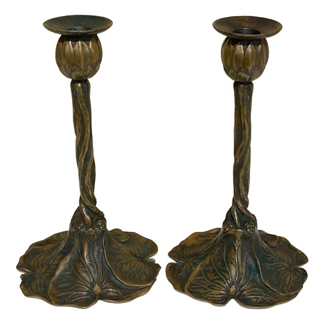 Art Nouveau Bronze Lily Pad & Water Nymph Candlesticks, Signed CH Barr, 1902 - a Pair For Sale