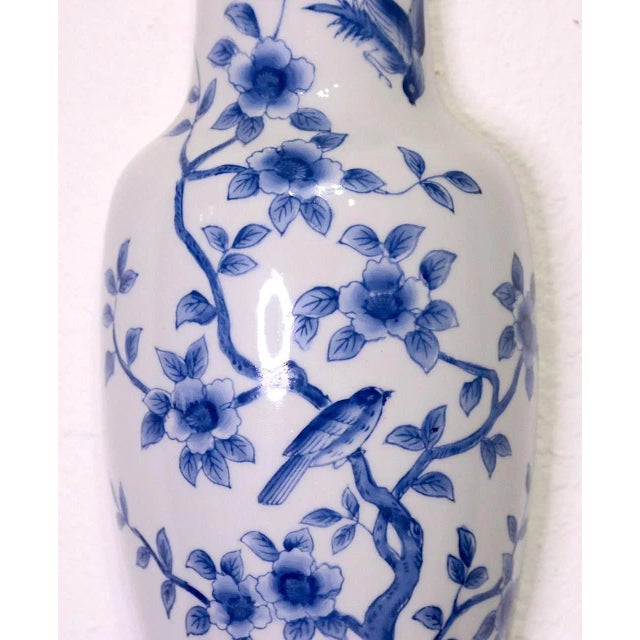 Wood Vintage Japanese Blue & White Floral Mounted Porcelain Wall Pocket Vase With Birds & Flowers For Sale - Image 7 of 8