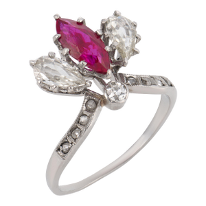 1920s Art Deco Ruby Diamond Platinum Tiara Ring, Size 7.25