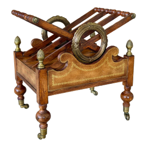 Vintage Leather and Maple Neoclassical Canterbury Magazine Rack With Brass Accents