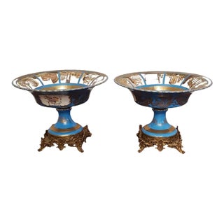 Pair of Sevres Patinated Metal Mounted Blue Celeste Roman Compotes, 1870s For Sale