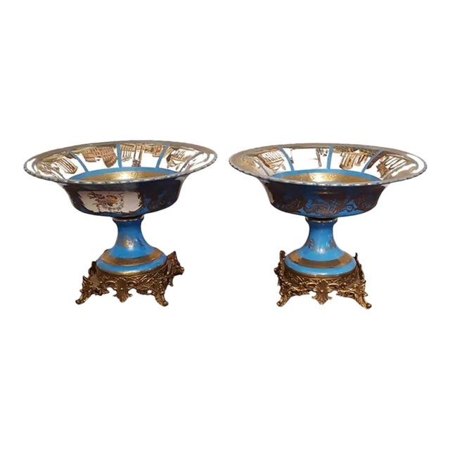 Pair of Sevres Patinated Metal Mounted Blue Celeste Roman Compotes, 1870s For Sale
