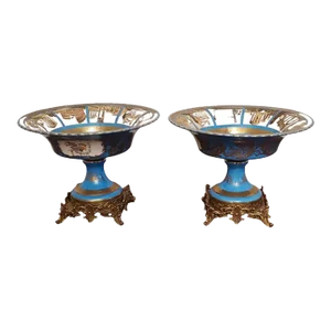 Pair of Sevres Patinated Metal Mounted Blue Celeste Roman Compotes, 1870s