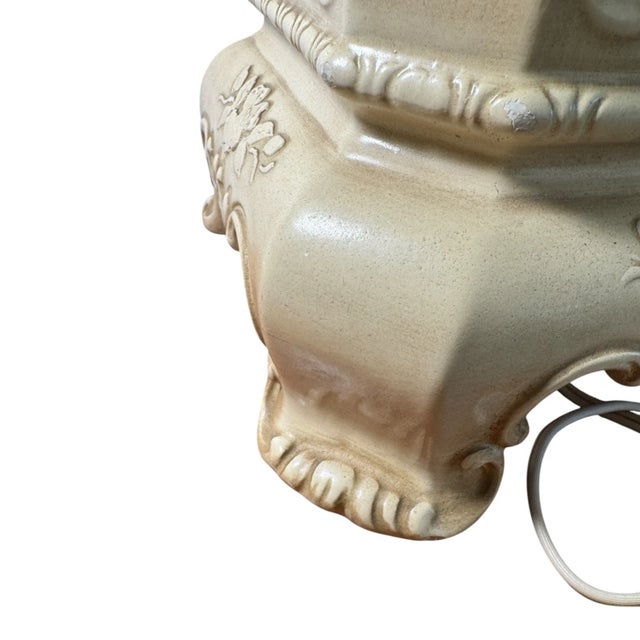 Mid 20th Century Chinoiserie Plaster Table Lamp Raised Bird Floral Relief Cream For Sale - Image 15 of 17