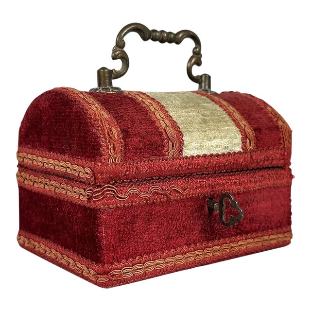 Antique Velvet Jewelry, Trinket or Sewing Box For Sale