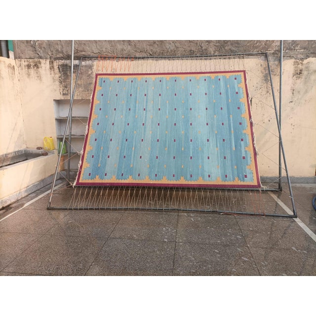 Textile Handmade Cotton Vegetable Dyed Rug, Sky Blue and Pink Geometric Dhurrie-10'x14' For Sale - Image 7 of 13