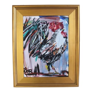 Expressionism Chicken Rooster Portrait Oil Painting by Listed Artist “Corbellic” Displayed in an Antiqued Gold Wood Frame For Sale