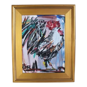 Expressionism Chicken Rooster Portrait Oil Painting by Listed Artist “Corbellic” Displayed in an Antiqued Gold Wood Frame