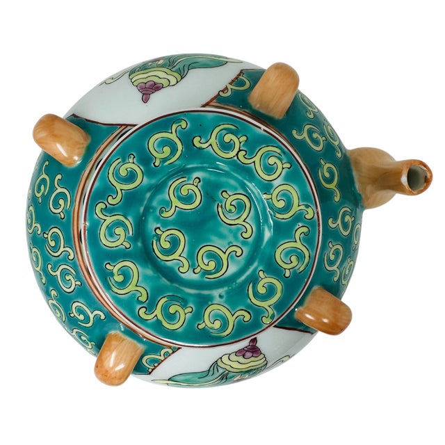 Pink Vintage Chinese Famille Rose Ewer | Decorative Porcelain Wine Pot | Mid-Century Chinoiserie Decor | Hand-Painted Qilin Mythical Figure Pitcher For Sale - Image 8 of 15